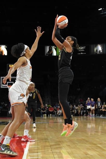 Ja Wilson of the Las Vegas Aces shoots the ball against the Phoenix Mercury during Game Five of the 2021 WNBA Semifinals on October 8, 2021 at...