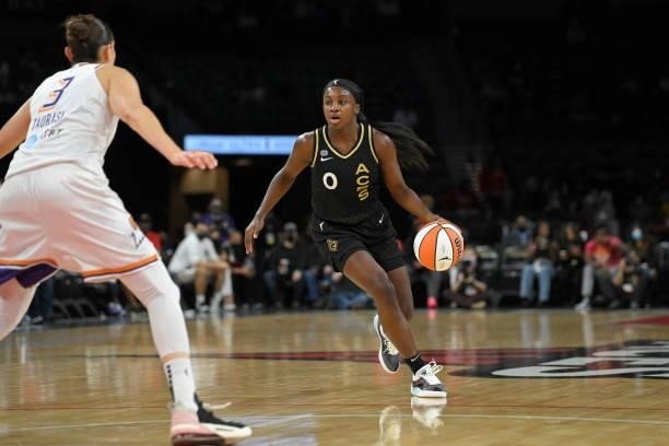 Jackie Young of the Las Vegas Aces dribbles the ball against the Phoenix Mercury during Game Five of the 2021 WNBA Semifinals on October 8, 2021 at...