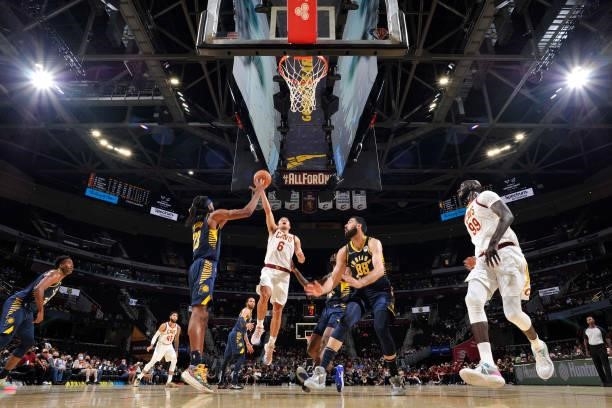 Kevin Pangos of the Cleveland Cavaliers shoots the ball during a preseason game against the Indiana Pacers on October 8, 2021 at Rocket Mortgage...