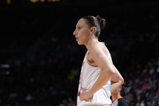 Diana Taurasi of the Phoenix Mercury looks on during the game against the Las Vegas Aces during Game Five of the 2021 WNBA Semifinals on October 8,...