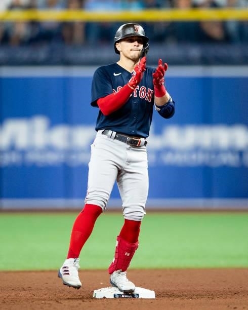 Enrique Hernandez of the Boston Red Sox reacts after hitting a double during the eighth inning of game two of the 2021 American League Division...