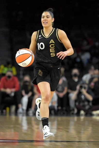 Kelsey Plum of the Las Vegas Aces dribbles the ball against the Phoenix Mercury during Game Five of the 2021 WNBA Semifinals on October 8, 2021 at...