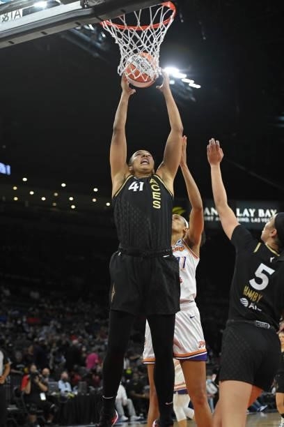 Kiah Stokes of the Las Vegas Aces rebounds the ball against the Phoenix Mercury during Game Five of the 2021 WNBA Semifinals on October 8, 2021 at...