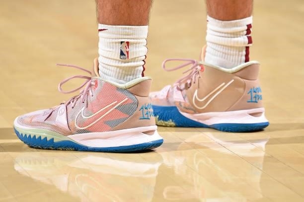 The sneakers worn by Kevin Pangos of the Cleveland Cavaliers during a preseason game against the Indiana Pacers on October 8, 2021 at Rocket Mortgage...