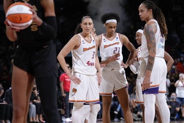 The Phoenix Mercury huddle up during the game against the Las Vegas Aces during Game Five of the 2021 WNBA Semifinals on October 8, 2021 at Footprint...
