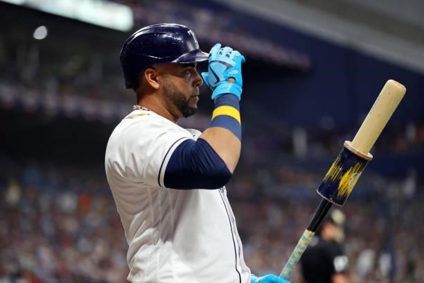 Nelson Cruz of the Tampa Bay Rays is on deck in the eighth inning during Game 2 of the ALDS between the Boston Red Sox and the Tampa Bay Rays at...
