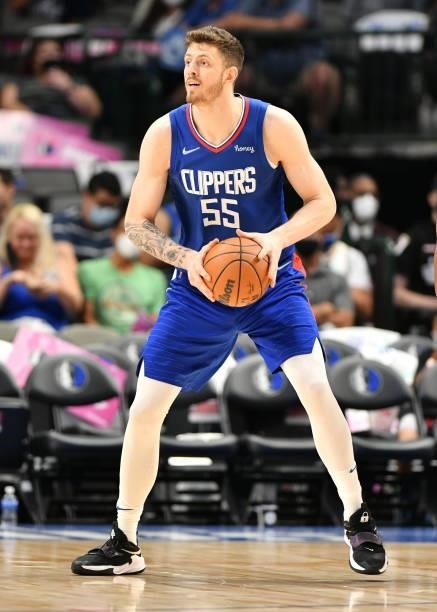 Isaiah Hartenstein of the LA Clippers handles the ball during a preseason game against the Dallas Mavericks on October 8, 2021 at the American...