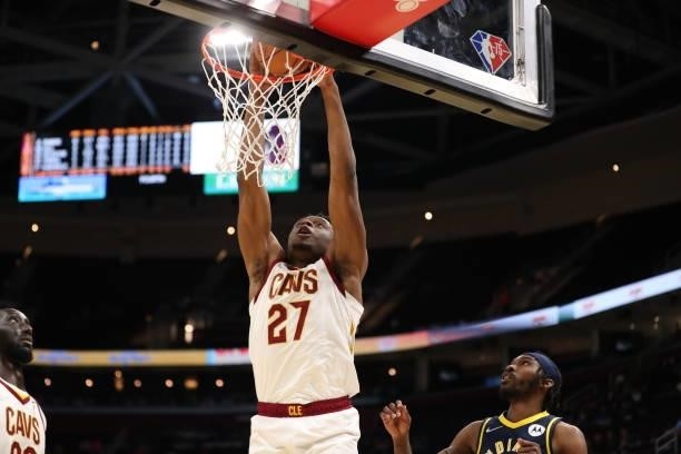 Mfiondu Kabengele of the Cleveland Cavaliers dunks the ball during a preseason game against the Indiana Pacers on October 8, 2021 at Rocket Mortgage...