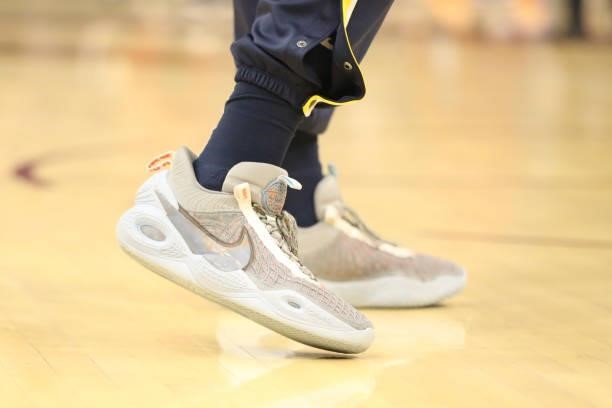 The sneakers worn by Goga Bitadze of the Indiana Pacers on October 8, 2021 at Rocket Mortgage FieldHouse in Cleveland, Ohio. NOTE TO USER: User...
