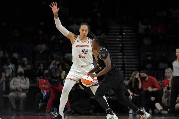 Brittney Griner of the Phoenix Mercury plays defense on Chelsea Gray of the Las Vegas Aces during Game Five of the 2021 WNBA Semifinals on October 8,...