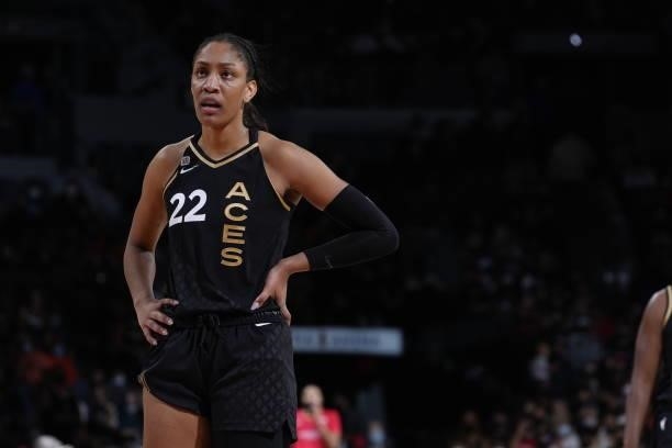 Ja Wilson of the Las Vegas Aces looks on during the game against the Phoenix Mercury during Game Five of the 2021 WNBA Semifinals on October 8, 2021...