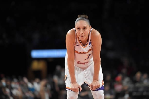Diana Taurasi of the Phoenix Mercury looks on against the Las Vegas Aces during Game Five of the 2021 WNBA Semifinals on October 8, 2021 at Michelob...