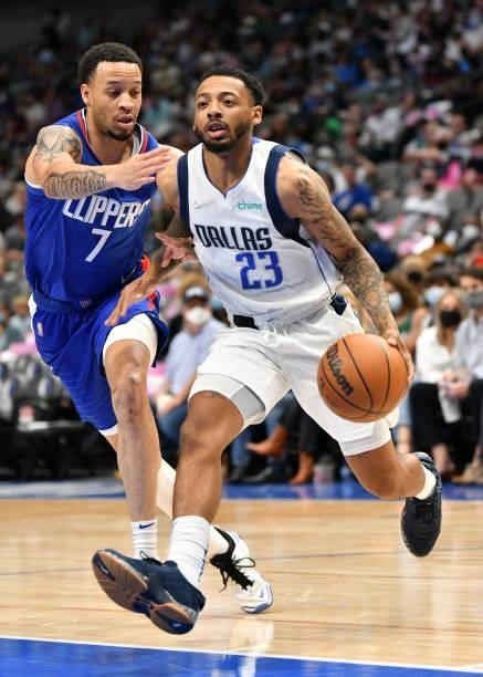 Carlik Jones of the Dallas Mavericks looks on during a preseason game against the LA Clippers on October 8, 2021 at the American Airlines Center in...