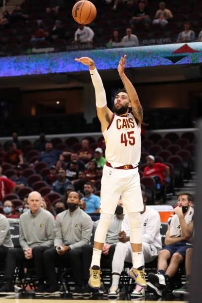 Denzel Valentine of the Cleveland Cavaliers shoots a three point basket during a preseason game against the Indiana Pacers on October 8, 2021 at...
