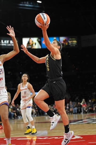 Kelsey Plum of the Las Vegas Aces drives to the basket against the Phoenix Mercury during Game Five of the 2021 WNBA Semifinals on October 8, 2021 at...