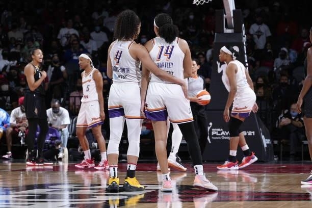 Skylar Diggins-Smith and Bria Hartley of the Phoenix Mercury talk during the game against the Las Vegas Aces during Game Five of the 2021 WNBA...