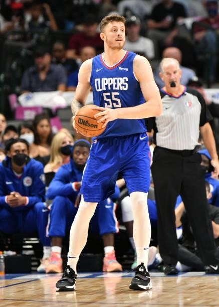 Isaiah Hartenstein of the LA Clippers handles the ball during a preseason game against the Dallas Mavericks on October 8, 2021 at the American...