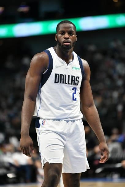Eugene Omoruyi of the Dallas Mavericks looks on during a preseason game against the LA Clippers on October 8, 2021 at the American Airlines Center in...