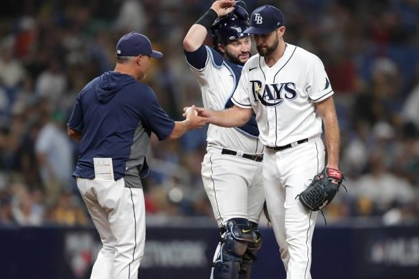 Michael Wacha of the Tampa Bay Rays is taken out of the game by manager Kevin Cash in the ninth inning during Game 2 of the ALDS between the Boston...