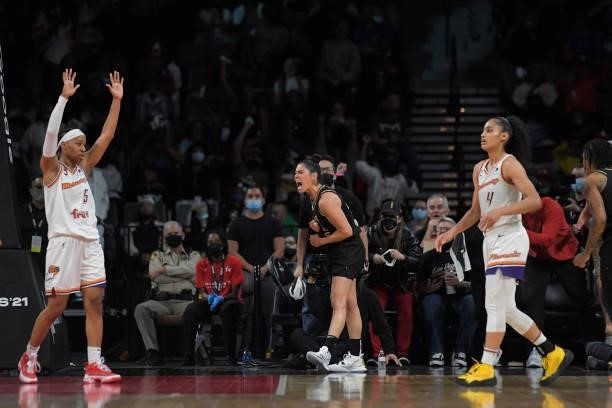 Kelsey Plum of the Las Vegas Aces celebrates against the Phoenix Mercury during Game Five of the 2021 WNBA Semifinals on October 8, 2021 at Michelob...