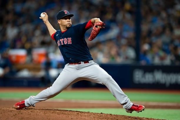 Of the Boston Red Sox during the inning of game two of the 2021 American League Division Series against the Tampa Bay Rays at Tropicana Field on...