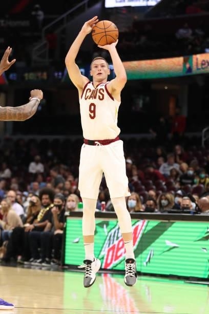 Dylan Windler of the Cleveland Cavaliers shoots the ball during a preseason game against the Indiana Pacers on October 8, 2021 at Rocket Mortgage...
