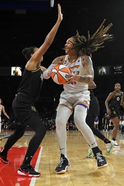 Brittney Griner of the Phoenix Mercury drives to the basket against the Las Vegas Aces during Game Five of the 2021 WNBA Semifinals on October 8,...