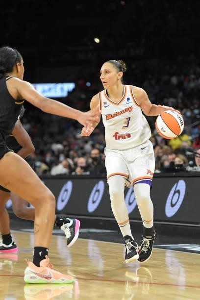 Diana Taurasi of the Phoenix Mercury dribbles the ball against the Las Vegas Aces during Game Five of the 2021 WNBA Semifinals on October 8, 2021 at...