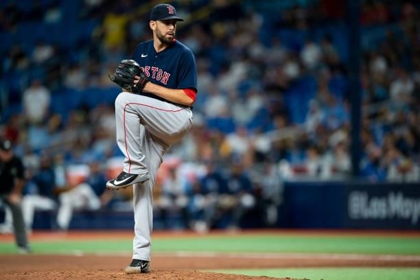 Matt Barnes of the Boston Red Sox delivers during the ninth inning of game two of the 2021 American League Division Series against the Tampa Bay Rays...