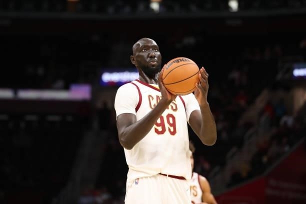 Tacko Fall of the Cleveland Cavaliers shoots a free throw during a preseason game against the Indiana Pacers on October 8, 2021 at Rocket Mortgage...