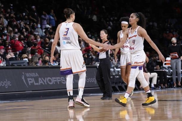 Diana Taurasi and Skylar Diggins-Smith of the Phoenix Mercury hi-five during the game against the Las Vegas Aces during Game Five of the 2021 WNBA...