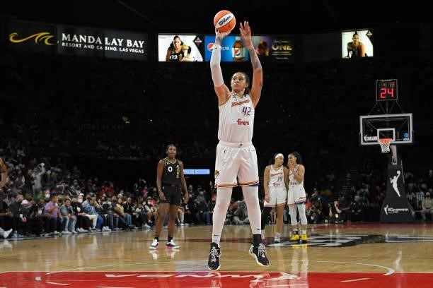 Brittney Griner of the Phoenix Mercury shoots a free throw against the Las Vegas Aces during Game Five of the 2021 WNBA Semifinals on October 8, 2021...