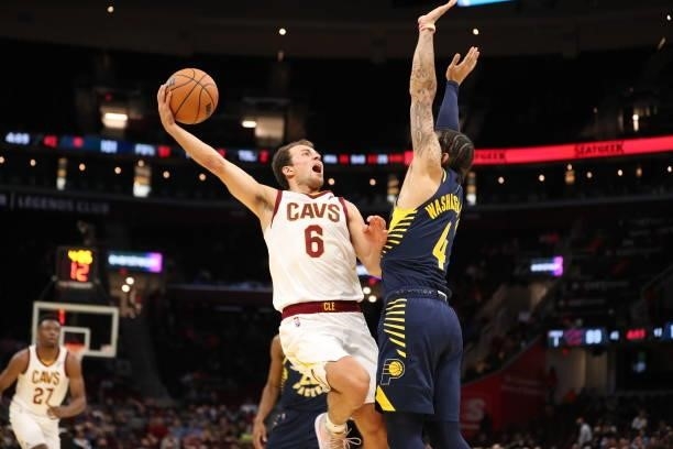 Kevin Pangos of the Cleveland Cavaliers drives to the basket during a preseason game against the Indiana Pacers on October 8, 2021 at Rocket Mortgage...