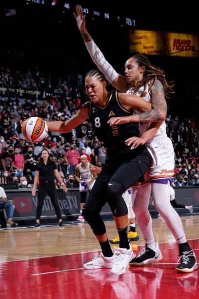 Liz Cambage of the Las Vegas Aces handles the ball during the game against the Phoenix Mercury during Game Five of the 2021 WNBA Semifinals on...