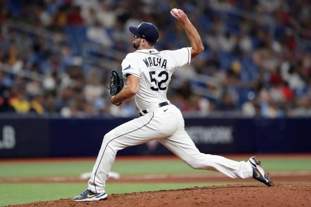 Michael Wacha of the Tampa Bay Rays pitches in the ninth inning during Game 2 of the ALDS between the Boston Red Sox and the Tampa Bay Rays at...