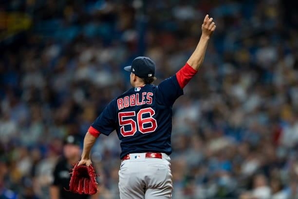 Hansel Robles of the Boston Red Sox reacts during the eighth inning of game two of the 2021 American League Division Series against the Tampa Bay...
