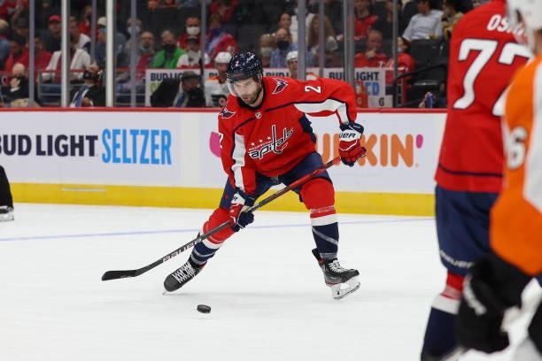 Washington Capitals defenseman Justin Schultz steps into a slap shot during a game between the Philadelphia Flyers at Capital One Arena on October 8,...
