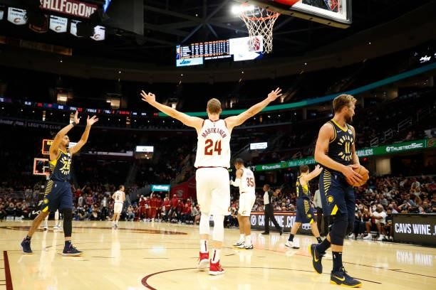 Lauri Markkanen of the Cleveland Cavaliers celebrates during a preseason game against the Indiana Pacers on October 8, 2021 at Rocket Mortgage...