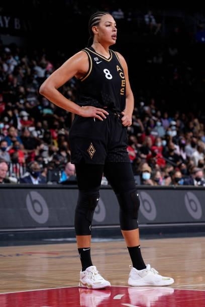 Liz Cambage of the Las Vegas Aces looks on during the game against the Phoenix Mercury during Game Five of the 2021 WNBA Semifinals on October 8,...