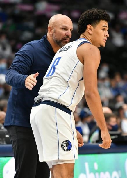 Head Coach Jason Kidd of the Dallas Mavericks talks to Josh Green during a preseason game against the LA Clippers on October 8, 2021 at the American...