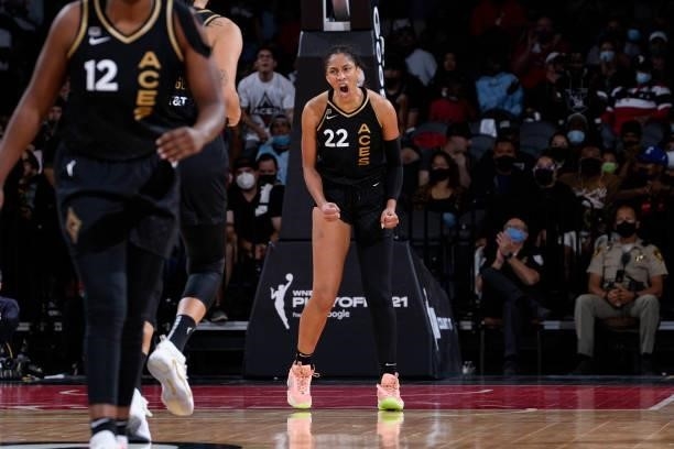 Ja Wilson of the Las Vegas Aces celebrates during the game against the Phoenix Mercury during Game Five of the 2021 WNBA Semifinals on October 8,...
