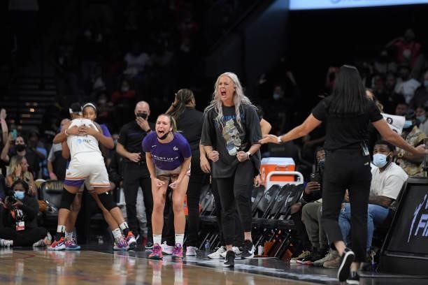 Sophie Cunningham of the Phoenix Mercury celebrates after winning Game Five of the 2021 WNBA Semifinals on October 8, 2021 at Michelob ULTRA Arena in...