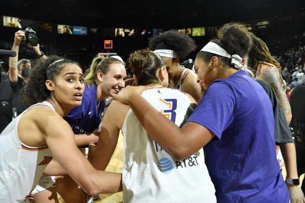 The Phoenix Mercury celebrates after winning Game Five of the 2021 WNBA Semifinals against the Las Vegas Aces on October 8, 2021 at Footprint Center...