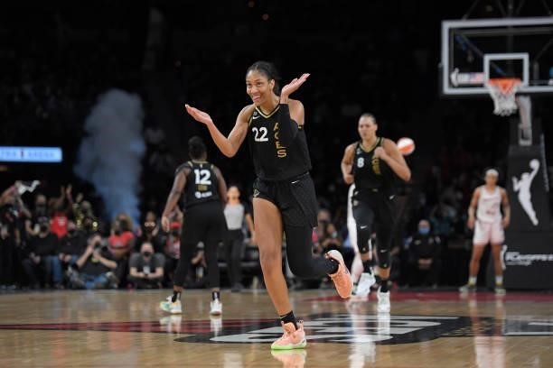 Ja Wilson of the Las Vegas Aces celebrates during Game Five of the 2021 WNBA Semifinals on October 8, 2021 at Michelob ULTRA Arena in Las Vegas,...