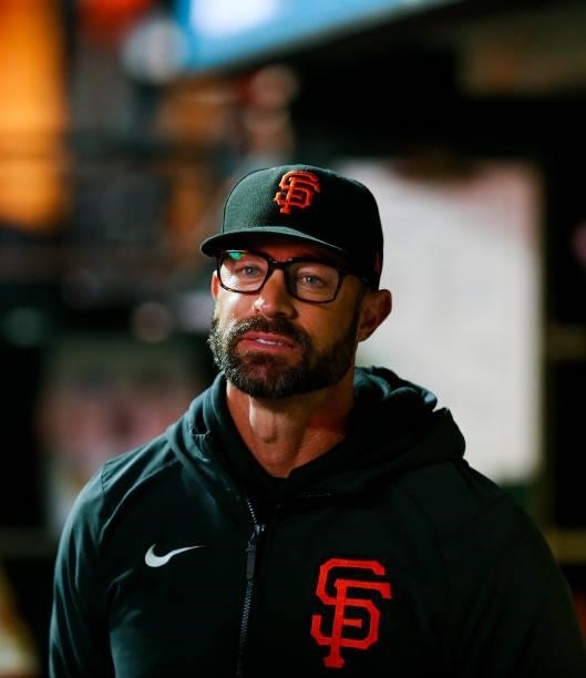 Gabe Kapler of the San Francisco Giants looks on during Game 1 of the NLDS between the Los Angeles Dodgers and the San Francisco Giants at Oracle...