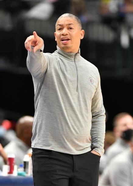 Head Coach Tyronn Lue of the LA Clippers points during a preseason game against the Dallas Mavericks on October 8, 2021 at the American Airlines...