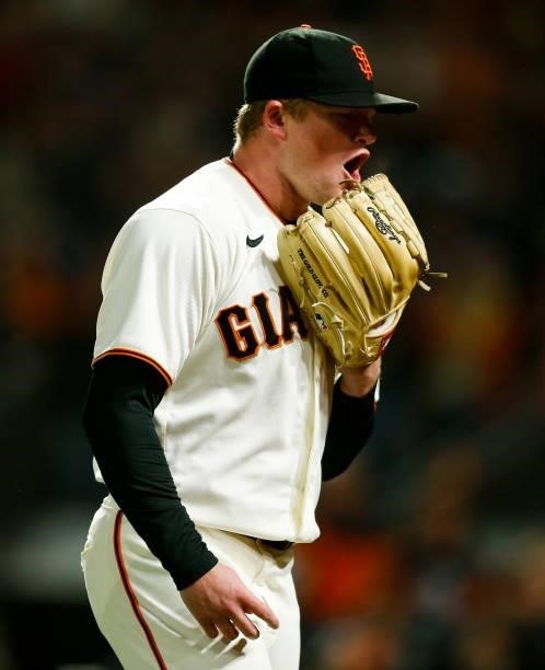 Logan Webb of the San Francisco Giants reacts after a strikeout during Game 1 of the NLDS between the Los Angeles Dodgers and the San Francisco...