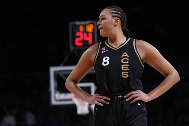 Liz Cambage of the Las Vegas Aces looks on during the game against the Phoenix Mercury during Game Five of the 2021 WNBA Semifinals on October 8,...