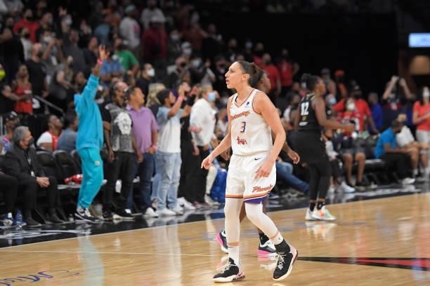 Diana Taurasi of the Phoenix Mercury celebrated after winning Game Five of the 2021 WNBA Semifinals on October 8, 2021 at Michelob ULTRA Arena in Las...