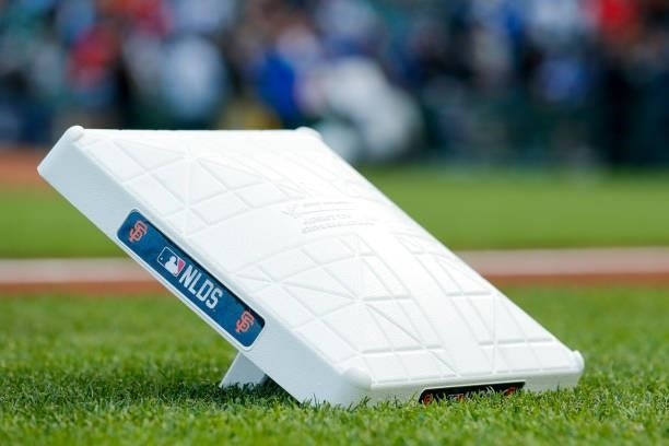 Detail shot of a base during Game 1 of the NLDS between the Los Angeles Dodgers and the San Francisco Giants at Oracle Park on Friday, October 8,...